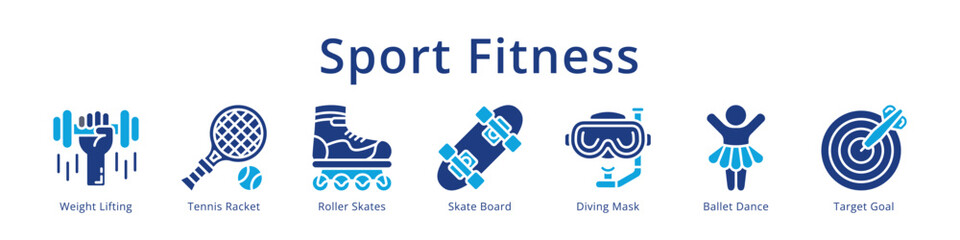 Sport fitness icons featuring weight lifting, tennis, roller skates, skateboard and ballet for active lifestyle design. © Syarifah_Funny