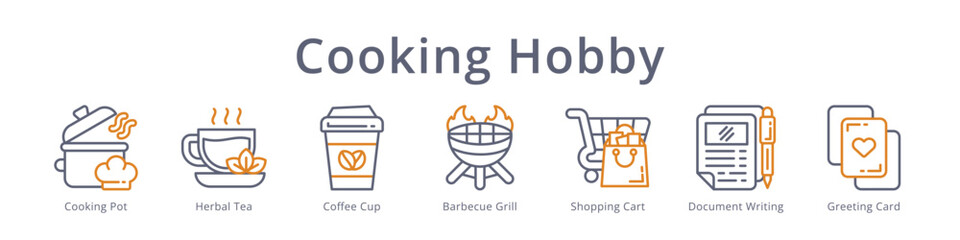 Cooking hobby icons featuring pot, herbal tea, coffee, barbecue grill and shopping cart for culinary design. © Syarifah_Funny