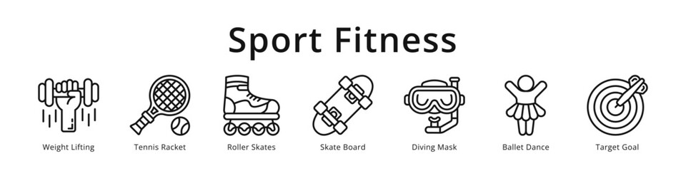 Sport fitness icons featuring weight lifting, tennis, roller skates, skateboard and ballet for active lifestyle design. © Syarifah_Funny