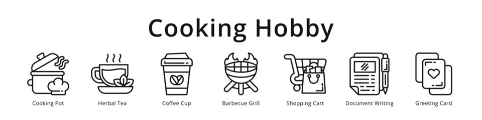 Cooking hobby icons featuring pot, herbal tea, coffee, barbecue grill and shopping cart for culinary design. © Syarifah_Funny