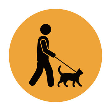Person walking a cat on a leash as a solid black silhouette on a vibrant orange circle icon design