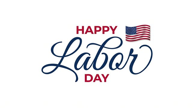 Happy labor day greeting card design with elegant calligraphy lettering and a small american flag icon