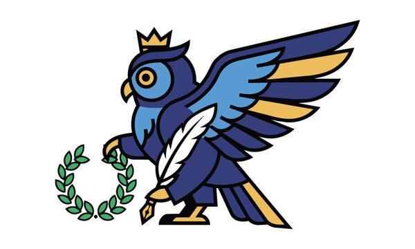 Regal owl in profile view holding a laurel wreath and quill pen with clean flat shapes and symmetrical wings, isolated on a white background, wisdom concept