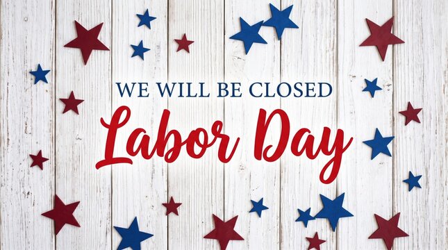 We will be closed labor day sign with red and blue stars on rustic white wooden background
