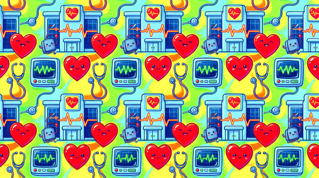 vibrant cartoon style pattern featuring a heart clinic with pulsing ecg lines happy red hearts tiny blood pressure cuffs smooth stethoscopes and glowing rhythm monitor screens
