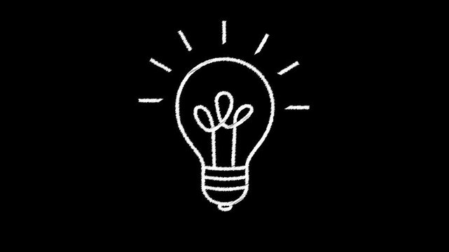 White hand drawn scribble light bulb outline seamless loop animation with light rays motion and jittery effect on black background. 4K animated for idea, creativity, innovation, and motion graphics.