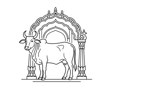 Line art illustration of a sacred bull standing before an ornate Indian arch