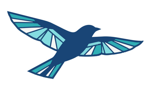 Minimalist bird silhouette in flight with geometric wing patterns and clean monoline style on white background nature and freedom concept