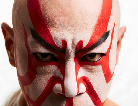 a close-up portrait showcasing traditional Kabuki Kumadori makeup on a male subject with a white background