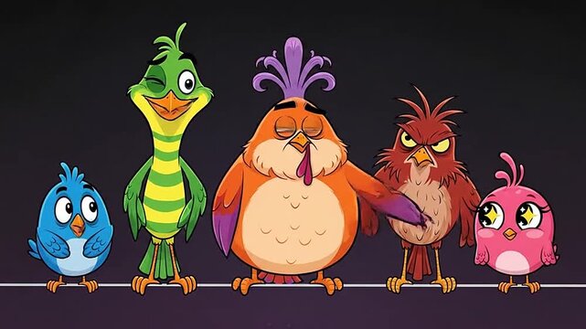A group of colorful cartoon birds standing in a row together