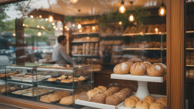 Fresh artisan bread and pastries displayed in a warm bakery storefront window