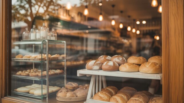 Freshly baked bread and pastries displayed in a rustic bakery window.