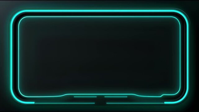 Neon screen frame with glowing turquoise border and dark center for text or logo on a black background, seamless loop.