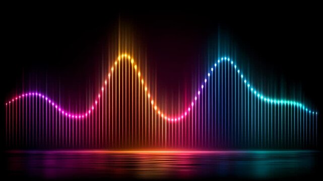 Neon sound wave glows on a black background with colorful light reflection, abstract looping footage for music, technology, and motion design projects.