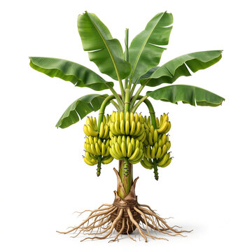 Gros Michel Banana plant, mature fruiting plant bearing large premium banana bunches, exposed visible roots, 11 ratio, isolated on seamless pure white background