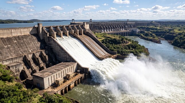 Hydroelectric Dam Releasing Water During Peak Flow