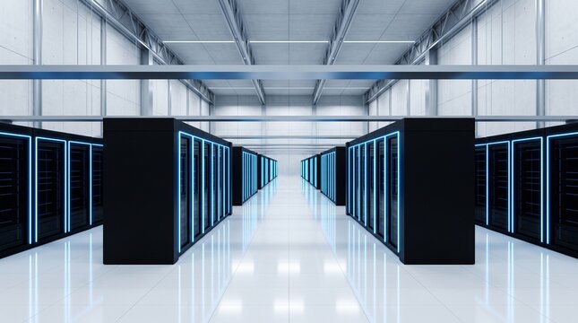 Modern Data Center Server Room with Blue Neon Lighting