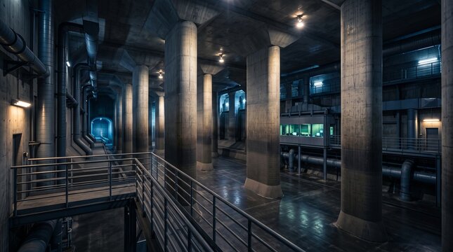 Industrial Underground Facility With Concrete Pillars and Infrastructure