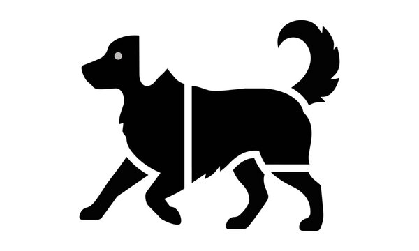 Stylized graphic silhouette of a playful golden retriever dog with bold flat black and white shapes on a solid white background minimalist animal design