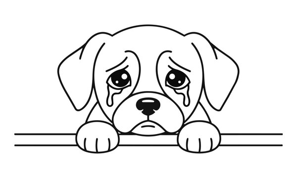 Minimalist line art of a sad puppy peeking over a horizontal line with large expressive eyes against a pure white background emotional pet concept