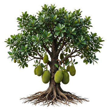 Jackfruit tree, mature fruiting tree bearing massive green jackfruits hanging from trunk and branches, exposed visible roots, 11 ratio, isolated on seamless pure white background