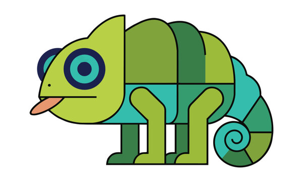 Stylized chameleon with a curled tail depicted in flat geometric shapes and bold solid colors isolated on a pure white background minimalist animal design