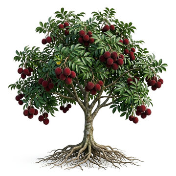 Pulasan tree, mature full tree bearing dark crimson pulasan fruits with short soft spines, exposed visible roots, 11 ratio, isolated on seamless pure white background