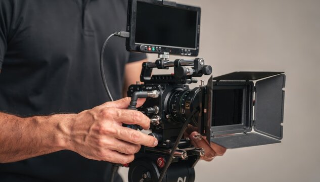 Medium shot of a handheld digital cinema camera rig with attached monitor and matte box focusing on the operators hands adjusting cables in soft background blur.