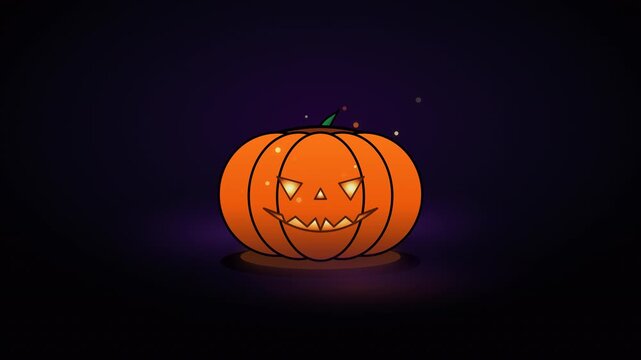 Halloween pumpkin Jack-O-Lantern with flickering glow on dark background, 2D motion graphic 16:9 widescreen seamless loop.