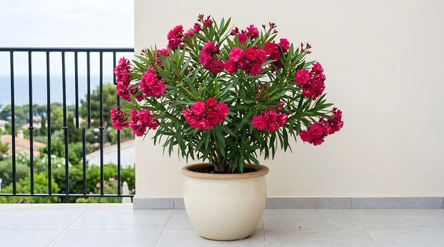 Blooming pink oleander bush in ceramic pot, vibrant nerium oleander flowers on Mediterranean balcony, potted garden plant with sea view