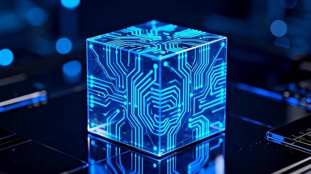 Transparent cube with glowing circuit board