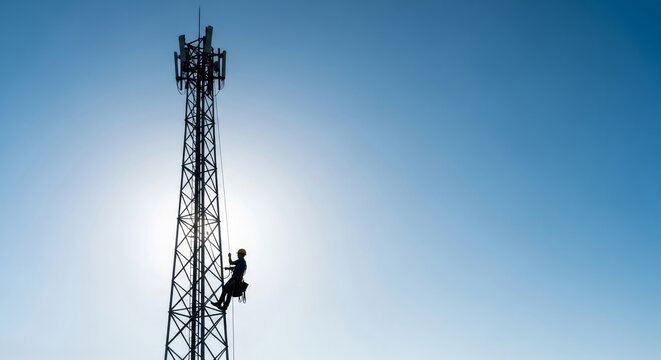 Technician climbing steel telecommunication tower to perform maintenance. Man working on cellular antenna structure for wireless signal distribution. Modern data link infrastructure industry.