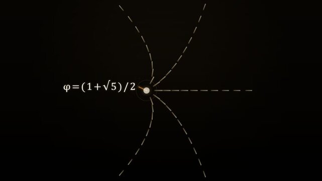 Golden Ratio Formula and Sacred Geometry Math Equations Visualizing Fibonacci Spiral Animation on Dark Background