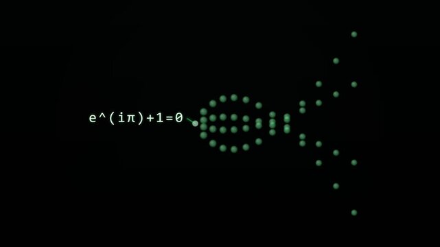 Euler Identity Math Formula Visualized with Glowing Green Quantum Particles and Mathematical Equations on Dark Background
