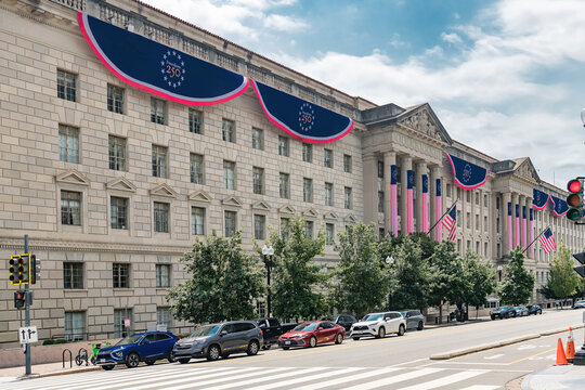 Department of Commerce building displays Freedom 250 decorations in Washington DC.