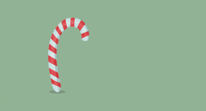 Single sweet red and white striped candy cane standing vertically on a muted green background with copy space