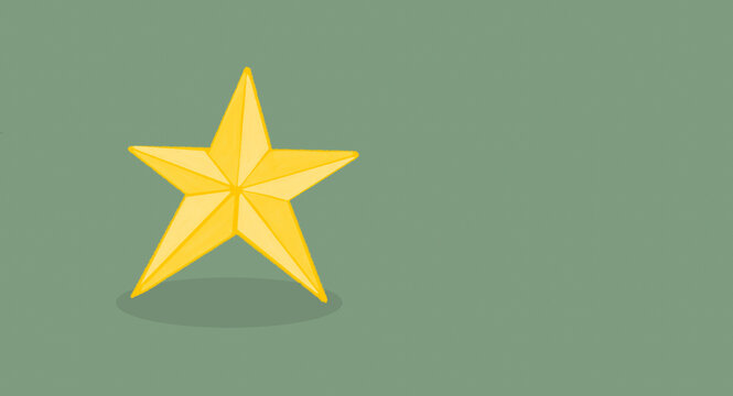 Golden yellow five pointed christmas star decoration with shadow on a sage green background with copy space