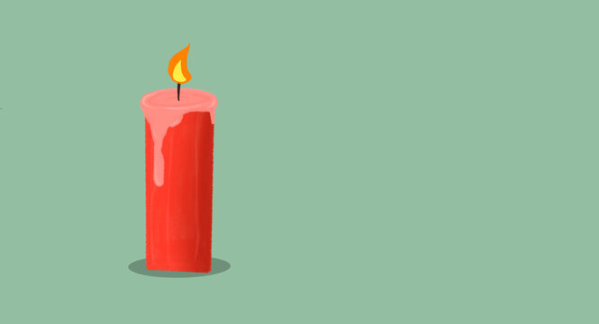 Single red melting candle with a bright yellow flame on a pastel green background
