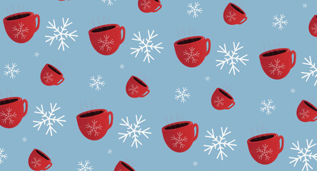 Seamless winter holiday background pattern featuring red coffee mugs with white snowflakes on a calm blue pastel background