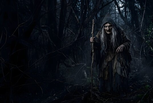 Evil witch standing in a dark haunted forest
