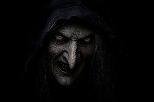Creepy hooded old witch portrait on dark black background