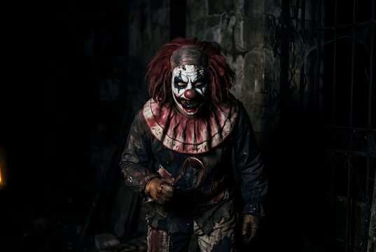 Scary evil clown standing inside a dark abandoned circus