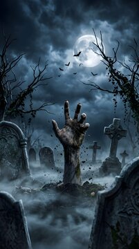 Zombie hand rising from grave in haunted cemetery