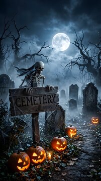 Haunted halloween cemetery with skeleton behind wooden sign and glowing carved pumpkins