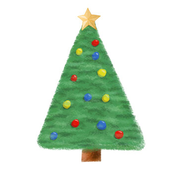 Stylized cartoon christmas tree decorated with colorful ornament balls and a gold star on a white background