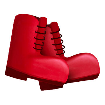 Pair of chunky red winter boots in a stylized 3D illustration style
