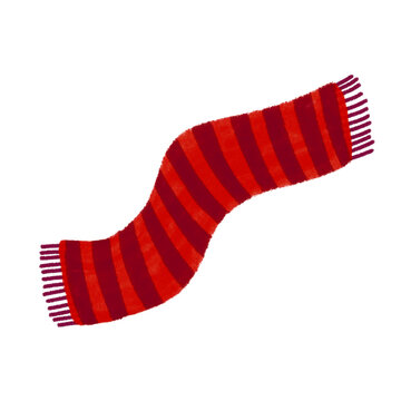 Wavy red and maroon striped winter scarf with fringes isolated on white