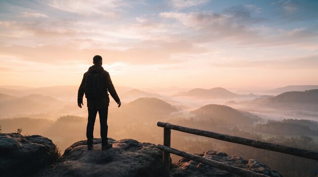 Silhueta elegante observando nascer do sol em paisagem tranquila simbolizando equil&iacute;brio emocional, autoconhecimento e sa&uacute;de mental para campanhas inspiradoras do Dia Nacional do Psic&oacute;logo