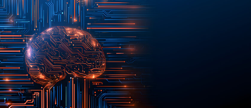 abstract digital brain on a circuit board background with copy space, in blue and orange colors. Concept of artificial intelligence or technology for web banner design. Generative AI