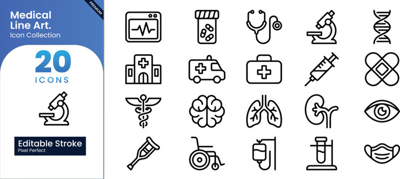 Medical Line Icons Set, 20 Editable Outline Vector Symbols for Healthcare, DNA, Brain, Lungs, Kidney, Stethoscope, Microscope, Ambulance, Crutches, Organ Anatomy UI Collection